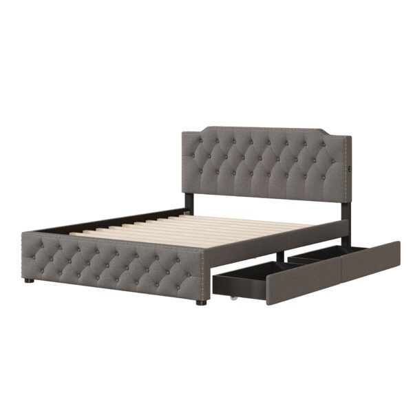 Queen Size Upholstered Platform Bed With 2 Drawers And 2 Sets Of USB Ports On Each Side - Gray