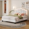 Full Size Upholstered Flower-Shape Bed, Elegant Flowers Headboard With LED Light Strip, Sherpa Fabric Platform Bed With Slats Support - White - Image 14