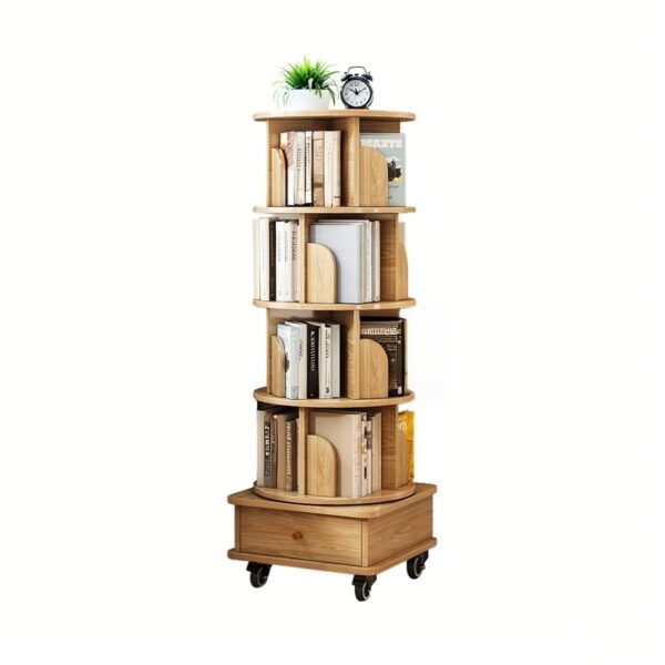 5 Tier Rotating Bookshelf With Wheels And Drawer, 360° Spinning Design, Space Saving Storage, For Home And Office, Wood - Oak