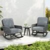 Modern 3 Piece Outdoor Seating Set With Cushioned Rattan Rocking Chairs And Wooden Accent Table For Patio Relaxation - Gray - Image 2