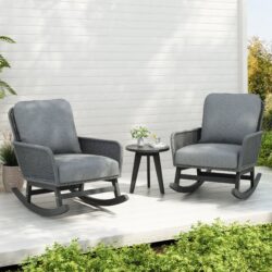 Modern 3 Piece Outdoor Seating Set With Cushioned Rattan Rocking Chairs And Wooden Accent Table For Patio Relaxation - Gray