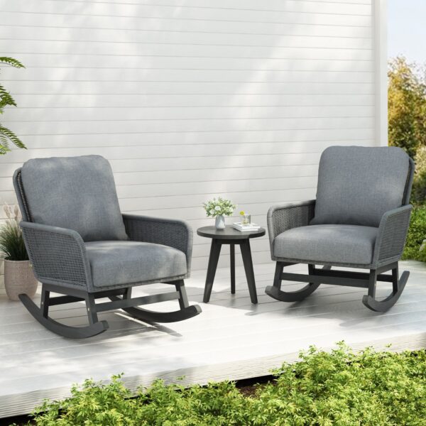 Modern 3 Piece Outdoor Seating Set With Cushioned Rattan Rocking Chairs And Wooden Accent Table For Patio Relaxation - Gray