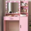 Vanity Desk With Mirror & Light, Large Drawer Three Level Storage Dresser, 3 Lighting Modes Adjustable Brightness, Bedroom Dressing Table - Pink - Image 4