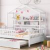 Full Size House Bed With Twin Size Trundle, Kids Bed With Shelf - White - Image 14
