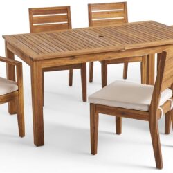 Outdoor 6 Seater Expandable Dining Set With Cushions - Sandblasted Natural / Beige