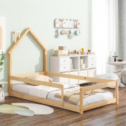 Twin Size Wood Bed With House Shaped Headboard Floor Bed With Fences - Natural