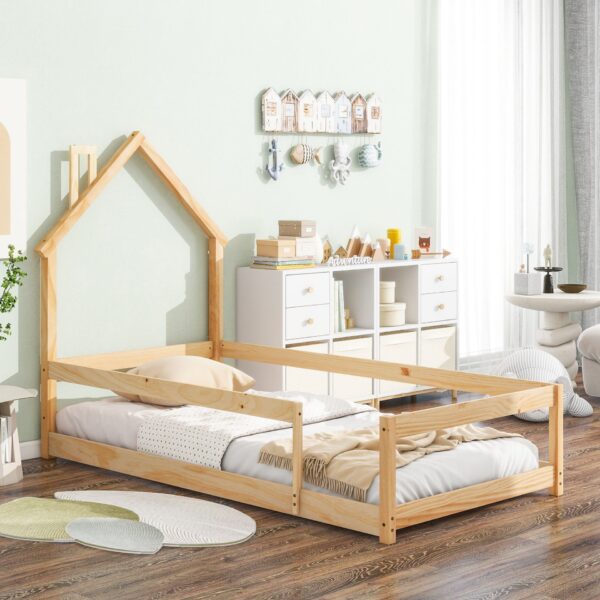 Twin Size Wood Bed With House Shaped Headboard Floor Bed With Fences - Natural