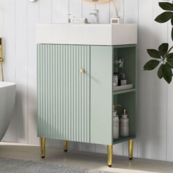 Bathroom Vanity, Combo Cabinet, Bathroom Storage Cabinet, Single Ceramic Sink, Right Side Storage - Green
