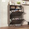 Farmhouse Shoe Storage Cabinet With Barn Door Design, 2 Flip Drawers, Hooks - Dark Oak - Image 17