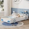 Twin Bed With Wheels For Teens Wooden Race Car Bed, Car Shaped Platform - White / Blue - Image 3