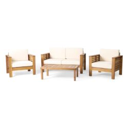 Acacia Wood Loveseat And Coffee Table Set With Cushions - Brown