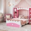 Castle Shaped Bed With Storage Shelf, Dreamy Twin Size Platform Bed For Kids Bedroom - Pink / White - Image 10