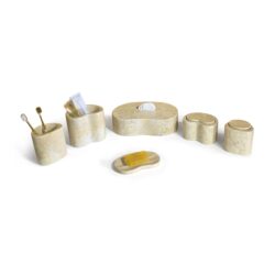 Marble Bathroom Accessories Set, Genuine Marble, Real Stone, 6 Piece Set - Beige / Gold