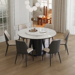 Modern 59'' Sintered Stone Dining Table With Round Turntable And Metal Pedestal 6 Person Set - White