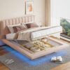 Queen Size Upholstered Hydrualic Platform Floating Bed With LED Light And USB Port - Pink - Image 18