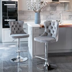 Swivel Velvet Barstools Adjusatble Seat Height From 25-33", Modern Upholstered Chrome Base Bar Stools With Backs Comfortable Tufted For Home Pub And Kitchen Island (Set of 2) - Gray