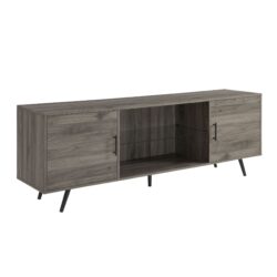 Mid-Century Modern 2 Door 70" TV Stand For 80" TVs With Glass Shelf - Slate Gray