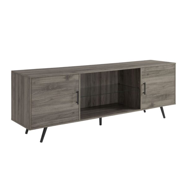 Mid-Century Modern 2 Door 70" TV Stand For 80" TVs With Glass Shelf - Slate Gray