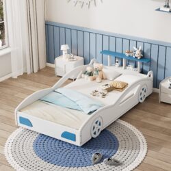 Twin Bed With Wheels For Teens Wooden Race Car Bed, Car Shaped Platform - White / Blue