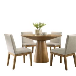 Jasper - 5 Piece Wide Contemporary Round Dining Table Set Chairs - Driftwood / Beige