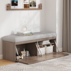 Shoe Storage Bench Entryway Shoe Cabinet Storage Ottoman With Padded Seat Cushion And Double Doors For Entryway, Hallway And Bedroom - Light Gray