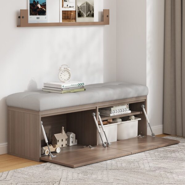 Shoe Storage Bench Entryway Shoe Cabinet Storage Ottoman With Padded Seat Cushion And Double Doors For Entryway, Hallway And Bedroom - Light Gray
