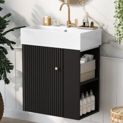 Modern Floating Bathroom Vanity With Ceramic Basin, Perfect For Small Bathrooms, Right Side Storage - Black