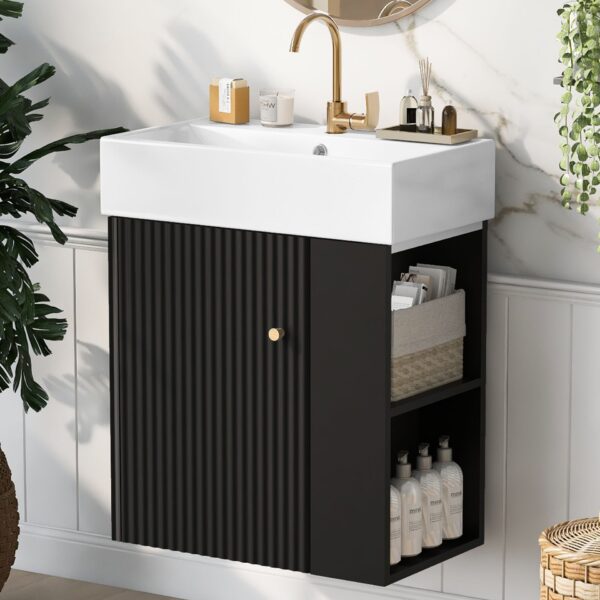 Modern Floating Bathroom Vanity With Ceramic Basin, Perfect For Small Bathrooms, Right Side Storage - Black