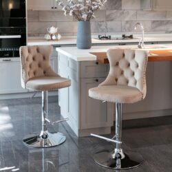 Swivel Velvet Barstools Adjusatble Seat Height From 25-33", Modern Upholstered Chrome Base Bar Stools With Backs Comfortable Tufted For Home Pub And Kitchen Island (Set of 2) - Khaki