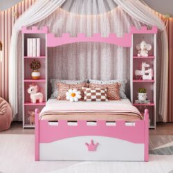 Castle Shaped Bed With Storage Shelf, Dreamy Twin Size Platform Bed For Kids Bedroom - White / Pink