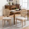 French Style Solid Wood Frame Antique Painting Linen Fabric Rattan Back Dining Chair (Set of 2) - Cream / Beige - Image 11