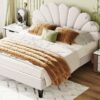 Queen Size Upholstered Platform Bed With Flower Pattern Headboard - Beige - Image 14