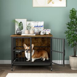 Modern Kennel Dogs Room Up To 60 Lb, Dog Crate Furniture With Multi-Purpose Rremovable Ttray, Double-Door Dog House, Lift Panel, 360 Degree Rotation, 3 Height Adjustable Feeding Bowls - Antique Brown