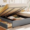 Queen & Twin Long Size Upholstered Platform Bed, Mother & Child Bed With Hydraulic Storage System, Drawer Box, Bedhead Storage Shelf And 2 Pairs Of Sockets & USB Ports - Gray - Image 20