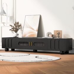 Modern TV Stand For TVs Up To 80", Entertainment Center With Glass Door, TV Storage Cabinet With Solid Wood Legs And Metal Handles For Living Room - Black