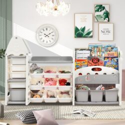 Kids Bookshelf Toy Storage Organizer With 17 Bins And 5 Bookshelves, Multi-Functional Nursery Organizer Kids Furniture Set Toy Storage Cabinet Unit With HDPE SheLF And Bins - Gray