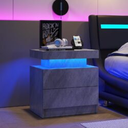 Nightstand LED Bedside Table Cabinet Ligh Modern End Side With 2 Drawers For Bedroom - Deep Gray