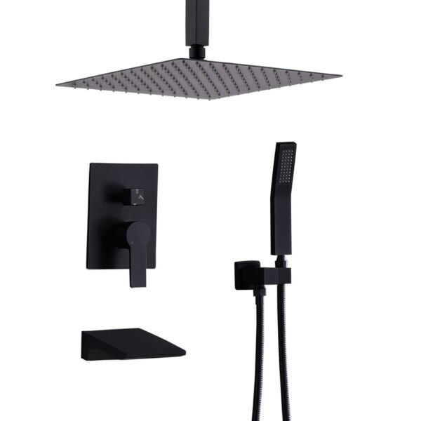 Contemporary Shower System With 12" Rainfall Head And Handheld Spray, Wall Mounted - Matte Black
