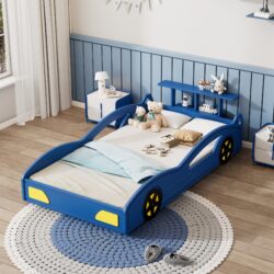 Wooden Race Car Bed, Car Shaped Platform Twin Bed With Wheels For Teens - Blue / Yellow