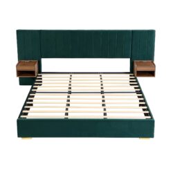 Upholstered King Size Bed Frame Of Velvet Tufted Headboard With Floating Nightstand LED / USB Built-In - Dark Green