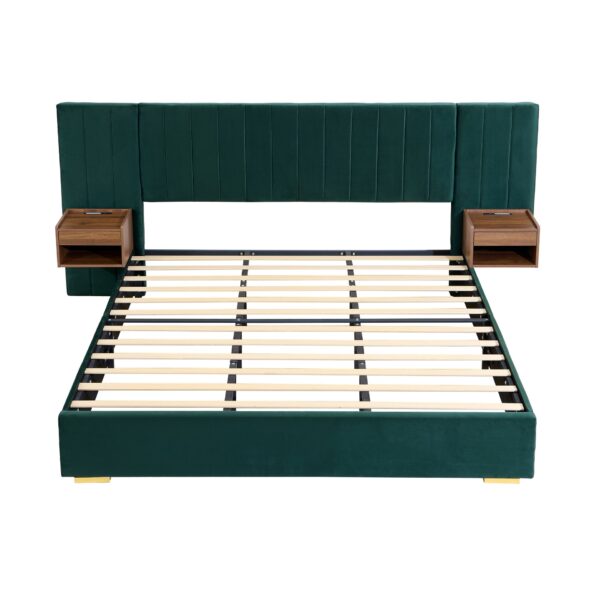 Upholstered King Size Bed Frame Of Velvet Tufted Headboard With Floating Nightstand LED / USB Built-In - Dark Green