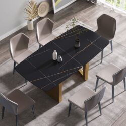 70.87" Modern Artificial Stone Black Curved Metal Leg Dining Table - Black / Gold
