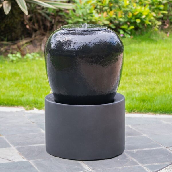 Heavy Outdoor Cement Fountain, Cute Unique Urn Design Water Feature For Home Garden, Lawn Deck & Patio - Black