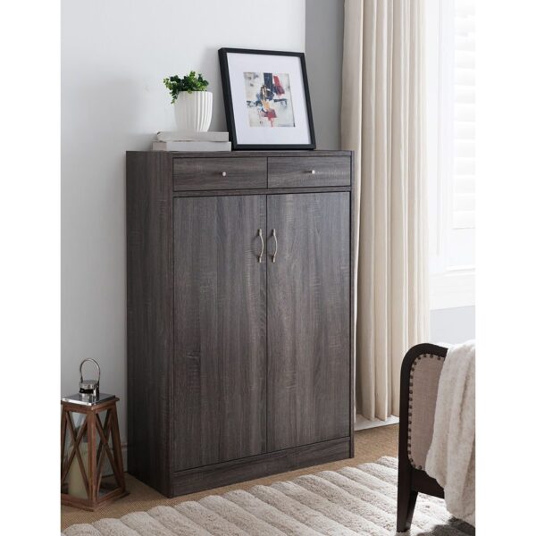 Shoe Cabinet, Two Door Storage Cabinet With Two Drawers, Fits 15 Pair Of Shoes - Distressed Gray