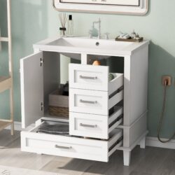 Bathroom Vanity, Modern Bathroom Cabinet With Sink Combo Set, Bathroom Storage Cabinet With A Soft Closing Door And 3 Drawers, Solid Wood Frame, Resin Basin - White