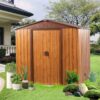 Metal Storage Shed Appealing Horizontal Siding In Woodgrain With Coffee Trim To Complement - Light Brown - Image 2
