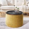 Classic Chenille Storage Ottoman Set With Drum Shaped Stool And Panel - Dark Yellow - Image 6