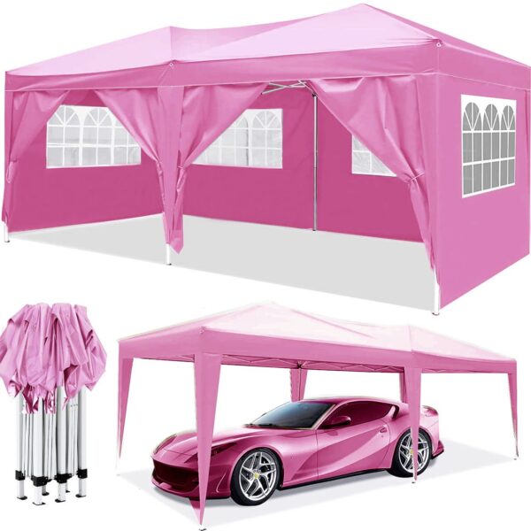 10'X20' Ez Pop Up Canopy Outdoor Portable Party Folding Tent With 6 Removable Sidewalls + Carry Bag + 4 Pieces Weight Bag - Pink