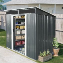 6Ft X 5Ft Outdoor Metal Storage Shed With Lockable Sliding Doors And Transparent Plate For Garden, Lawn - Black / White