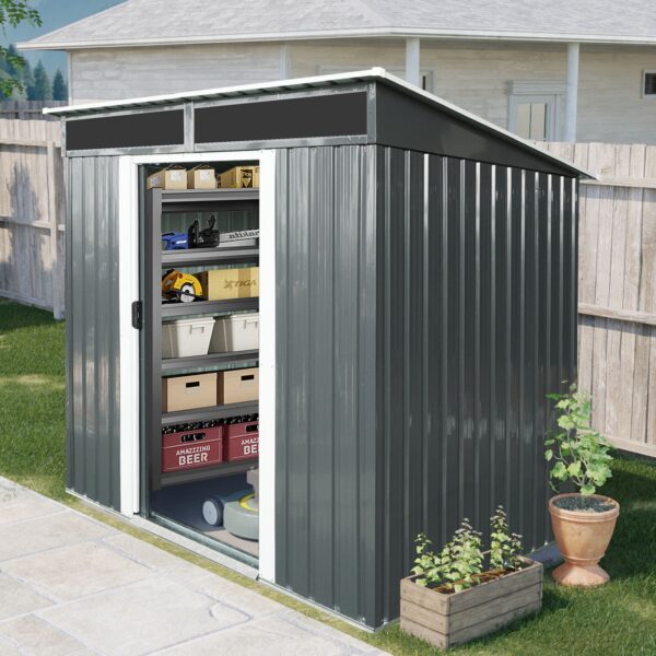 6Ft X 5Ft Outdoor Metal Storage Shed With Lockable Sliding Doors And Transparent Plate For Garden, Lawn - Black / White